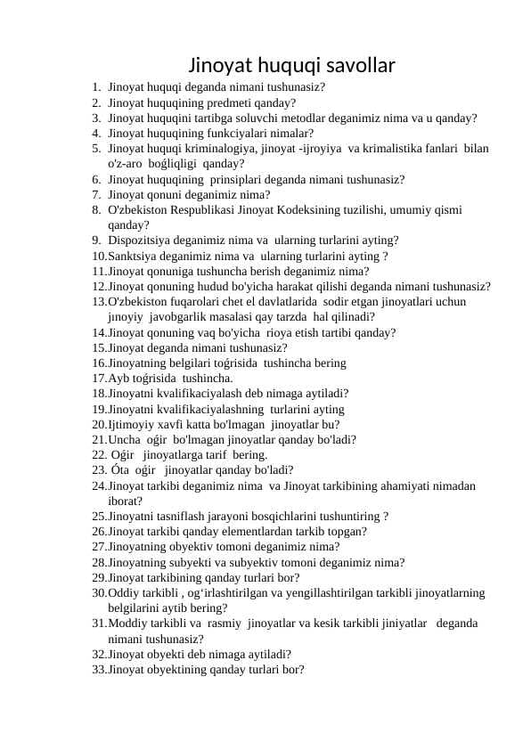 Jinoyat huquqi sessiya savollari