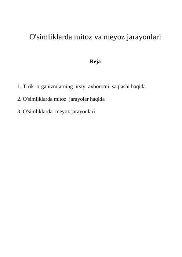 O'simliklarda mitoz va meyoz jarayonlari