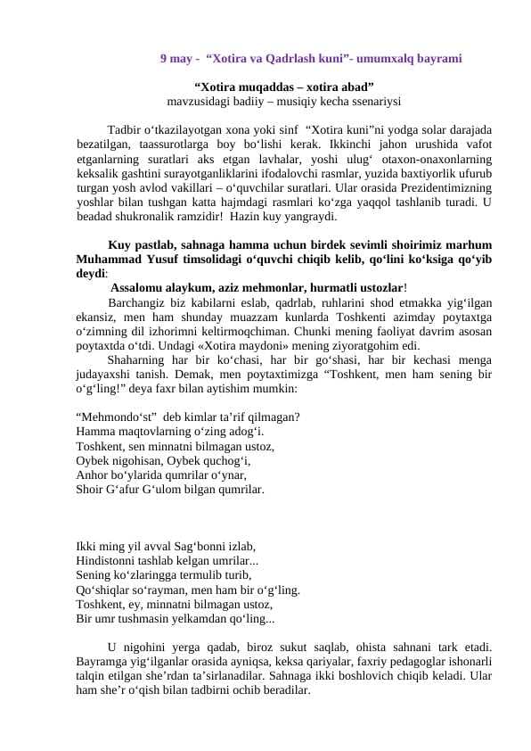 9-may xotira va qadrlash tadbir senariysi