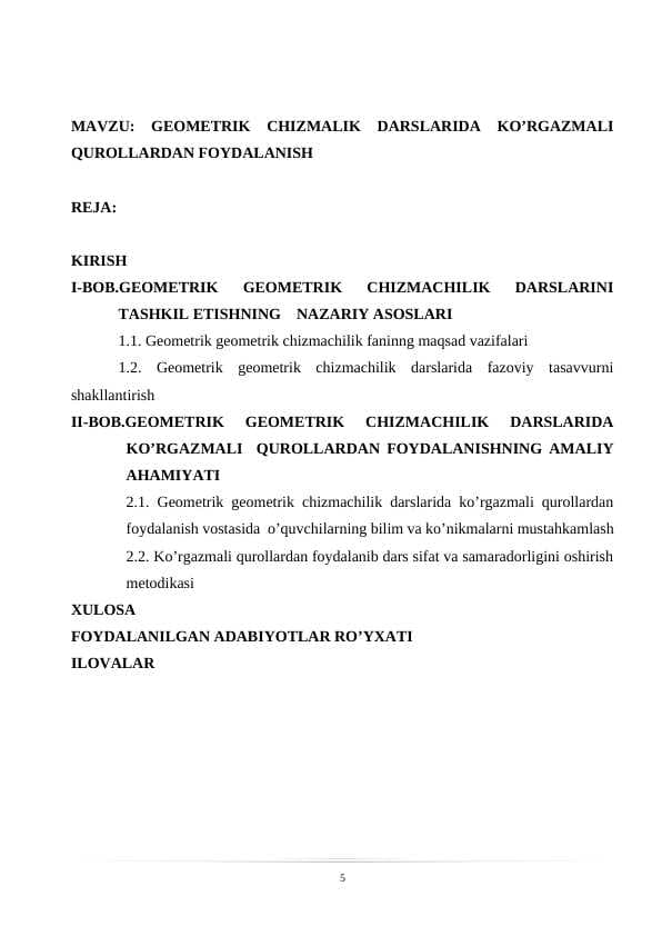 GEOMETRIK CHIZMALIK DARSLARIDA KO’RGAZMALI QUROLLARDAN FOYDALANISH