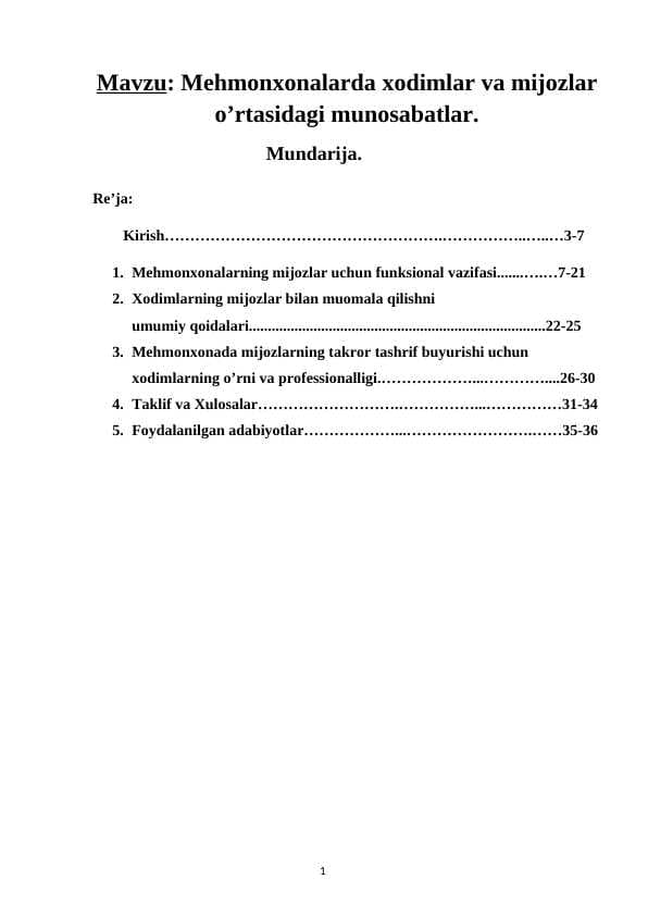 Mehmonxonalarda xodimlar va mijozlar   o’rtasidagi munosabatlar