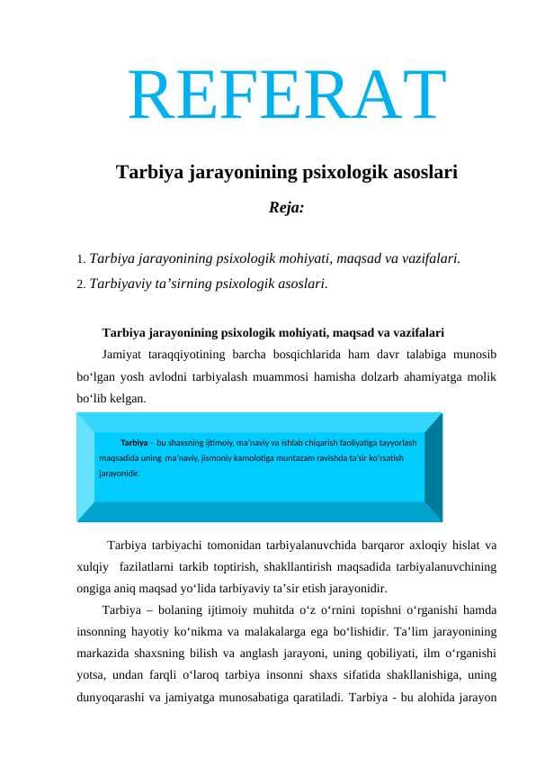 Tarbiya jarayonining psixologik asoslari