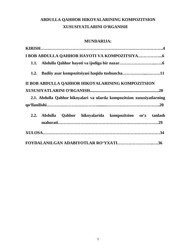 ABDULLA QAHHOR HIKOYALARINING KOMPOZITSION XUSUSIYATLARINI O‘RGANISH.KURS ISHI.doc