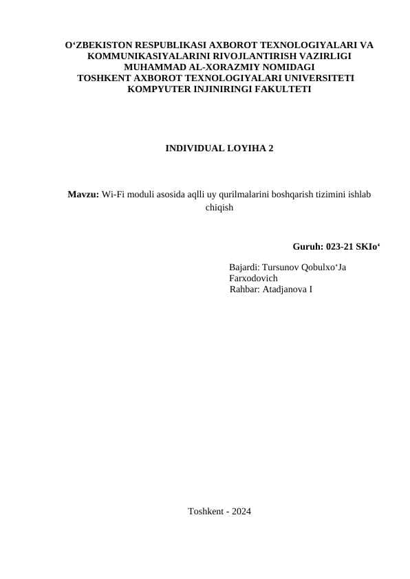 Wi-Fi moduli asosida aqlli uy qurilmalarini boshqarish tizimini ishlab chiqish