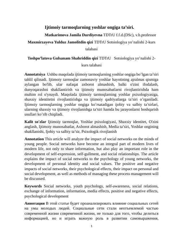 Ijtimoiy tarmoqlarning yoshlar ongiga ta'siri
