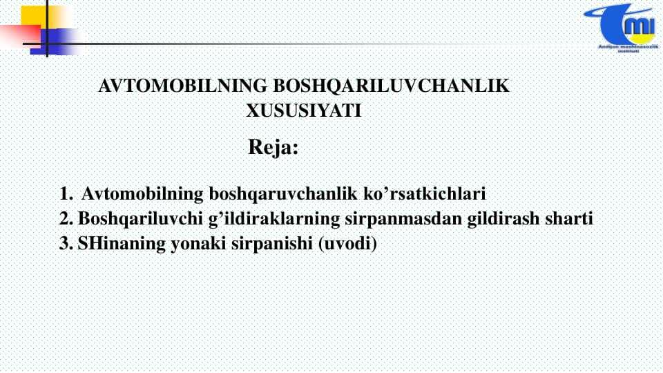 AVTOMOBILNING BOSHQARILUVCHANLIK  XUSUSIYATI