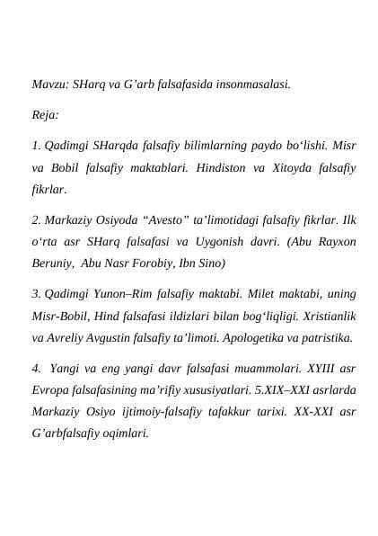 SHarq va G’arb falsafasida insonmasalasi.