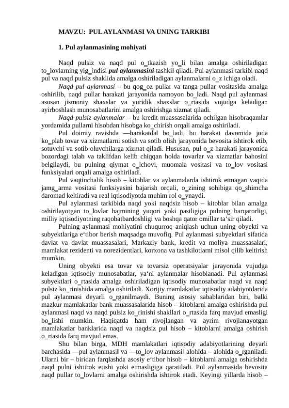 PUL AYLANMASI VA UNING TARKIBI