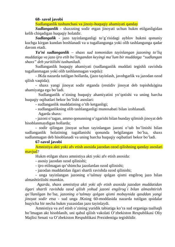 Jinoyat huquqidan testlarga javob