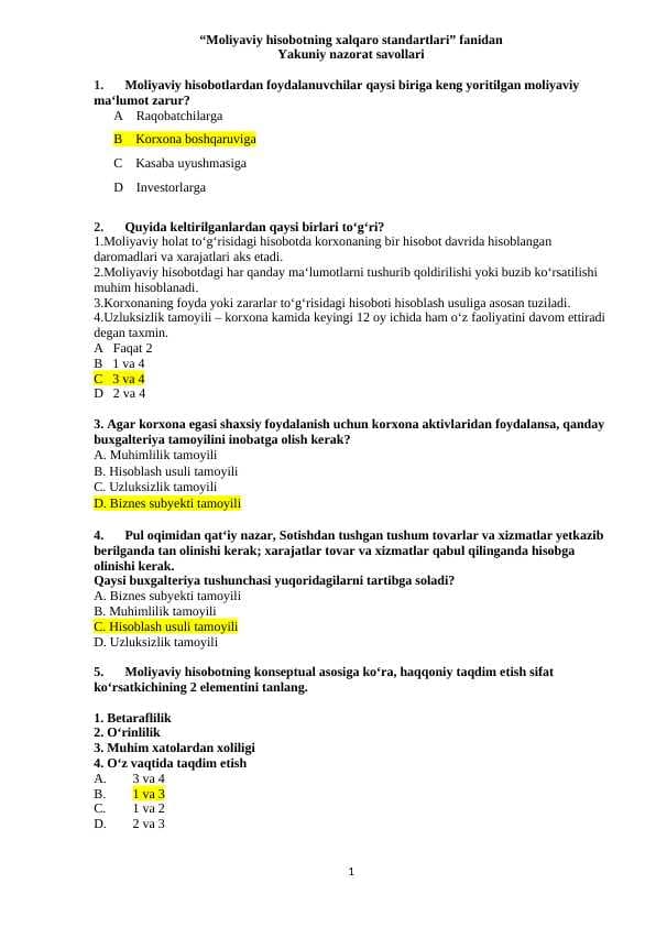 Moliyaviy hisobotning xalqaro standartlari 100 TALIK TEST