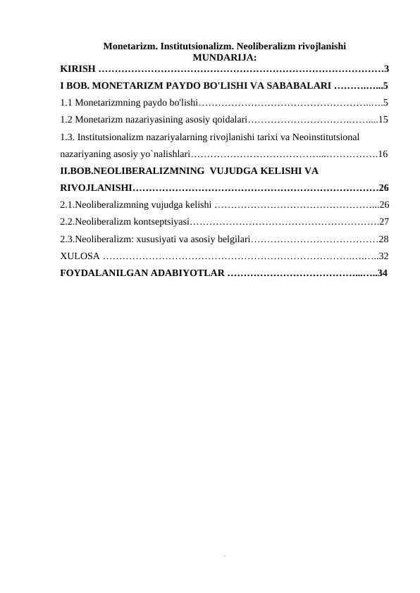 Monetarizm. Institutsionalizm. Neoliberalizm rivojlanishi
