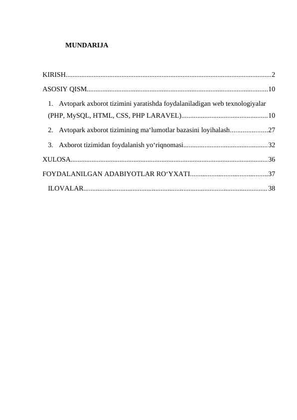 Avtopark axborot tizimini yaratishda foydalaniladigan web texnologiyalar  (PHP, MySQL, HTML, CSS, PHP LARAVEL)