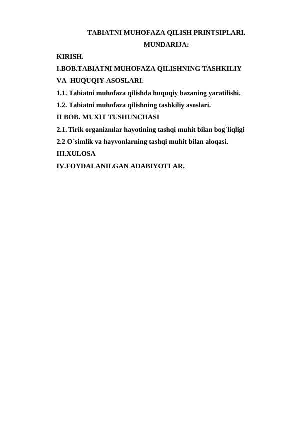 TABIATNI MUHOFAZA QILISH PRINTSIPLARI.