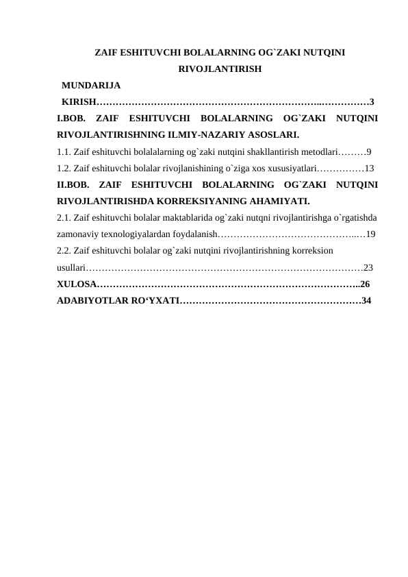 ZAIF ESHITUVCHI BOLALARNING OG`ZAKI NUTQINI RIVOJLANTIRISH