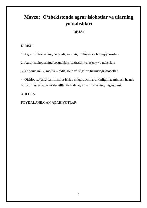 O‘zbekistonda agrar islohotlar va ularning yo‘nalishlari