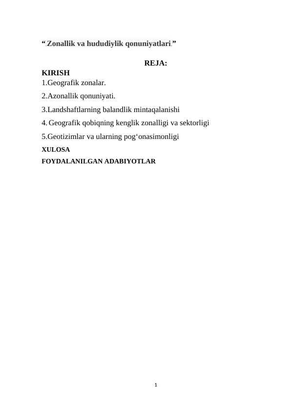 “.Zonallik va hududiylik qonuniyatlari.”
