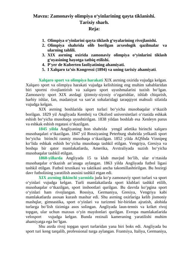 Zamonaviy olimpiya o‘yinlarining qayta tiklanishi. Tarixiy sharh.
