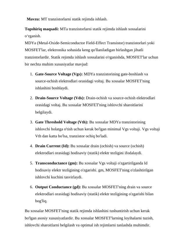 MT tranzistorlarni statik rejimda ishlash.