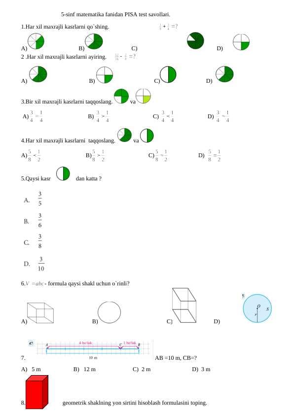 5-sinf matematika fanidan PISA test savollari