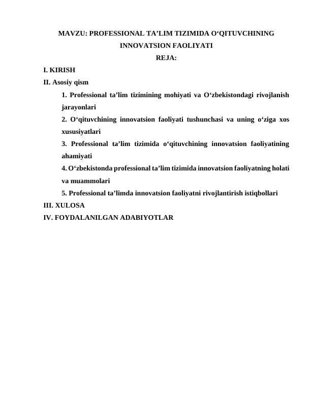 PROFESSIONAL TA’LIM TIZIMIDA O‘QITUVCHINING INNOVATSION FAOLIYATI