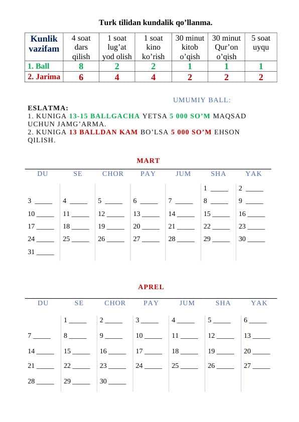 Turk tilidan kundalik qo’llanma