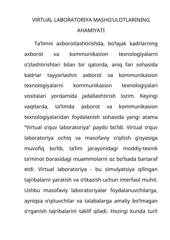 VIRTUAL LABORATORIYA MASHG‘ULOTLARINING AHAMIYATI