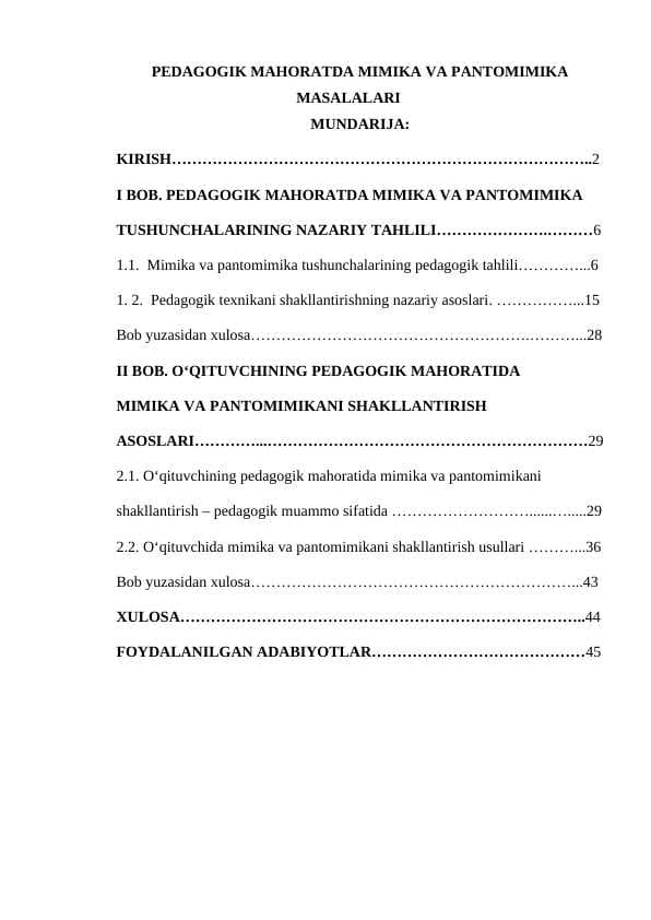 PEDAGOGIK MAHORATDA MIMIKA VA PANTOMIMIKA MASALALARI