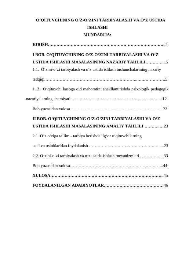 O‘QITUVCHINING O‘Z-O‘ZINI TARBIYALASHI VA O‘Z USTIDA ISHLASHI