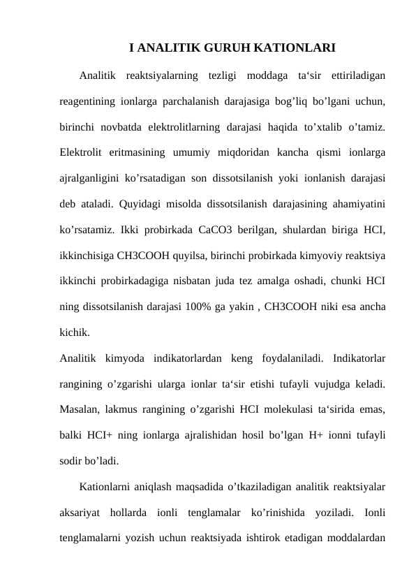 I ANALITIK GURUH KATIONLARI