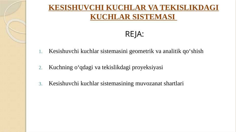 KESISHUVCHI KUCHLAR VA TEKISLIKDAGI KUCHLAR SISTEMASI