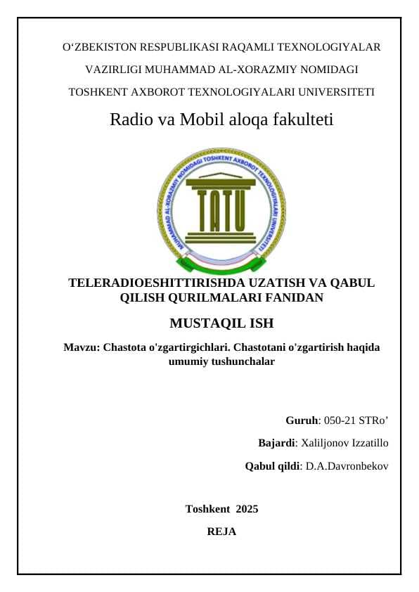 Chastota o'zgartirgichlari. Chastotani o'zgartirish haqida umumiy tushunchalar
