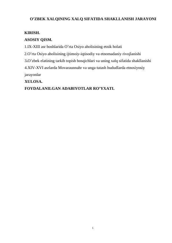 O’ZBEK XALQINING XALQ SIFATIDA SHAKLLANISH JARAYONI