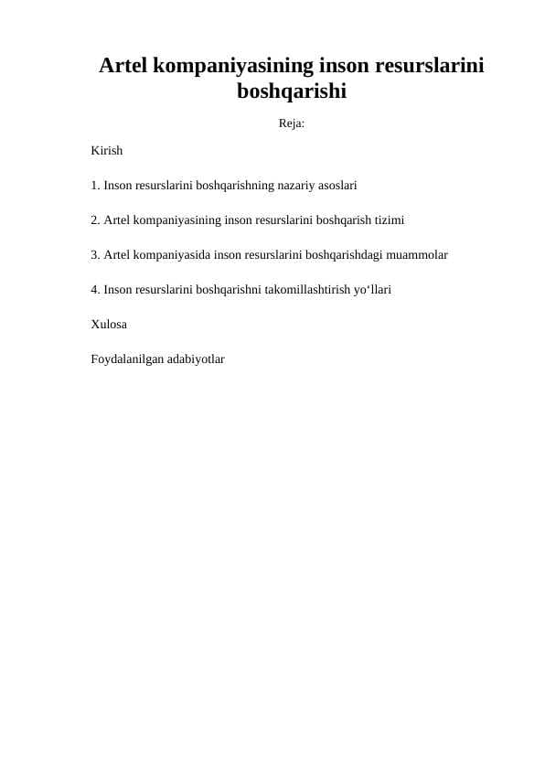 Artel kompaniyasining inson resurslarini boshqarishi