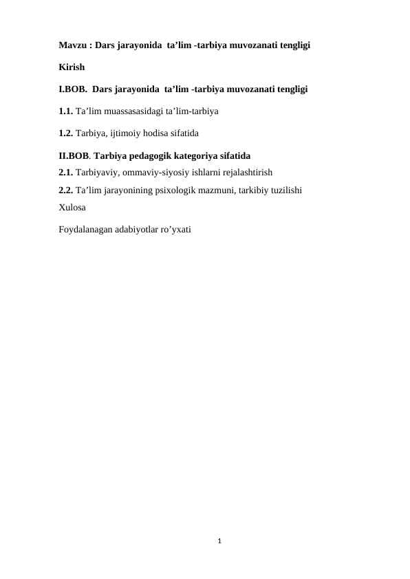 Dars jarayonida  ta’lim -tarbiya muvozanati tengligi