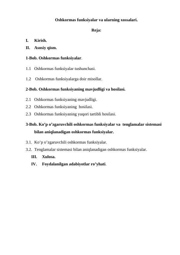 Oshkormas funksiyalar va ularning xossalari