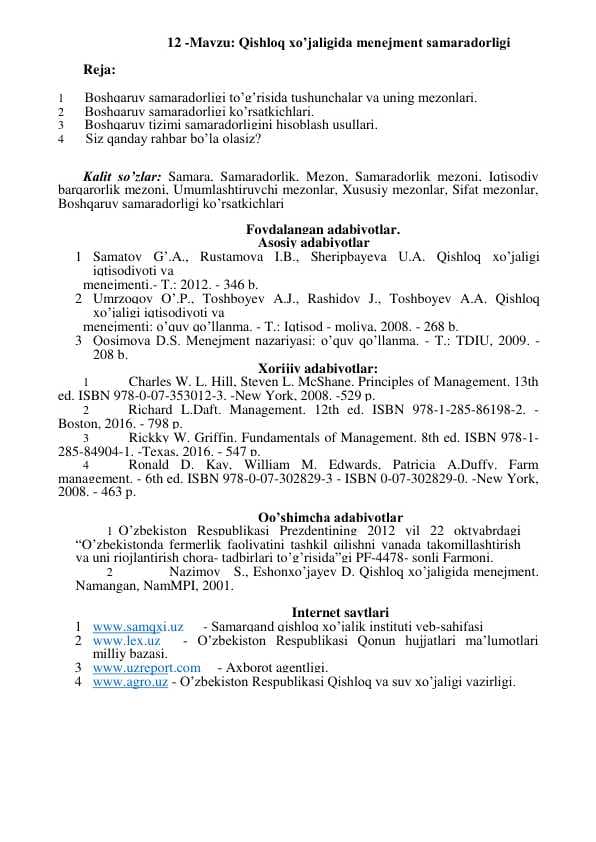 Qishloq xo’jaligida menejment samaradorligi mavzusida mustaqil ish