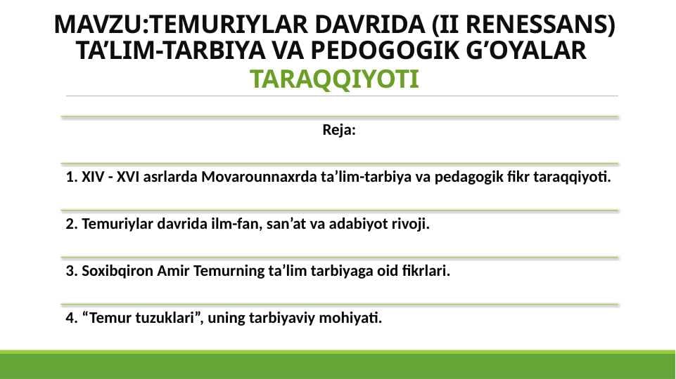 TEMURIYLAR DAVRIDA (II RENESSANS) TA’LIM-TARBIYA VA PEDOGOGIK G’OYALAR TARAQQIYOTI