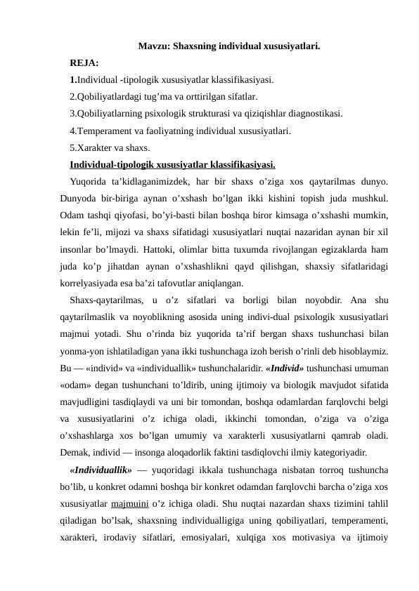 Shaxsning individual xususiyatlari