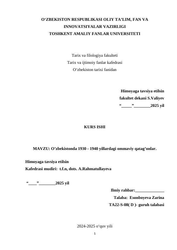 O’zbekistonda 1930 - 1940 yillardagi ommaviy qatag’onlar.