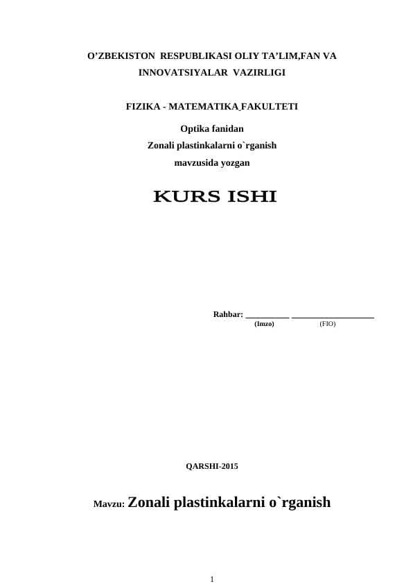 Zonali plastinkalarni o`rganish ( kurs ishi )