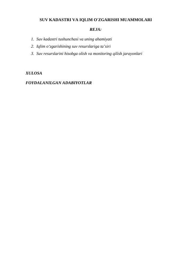 SUV KADASTRI VA IQLIM O'ZGARISHI MUAMMOLARI