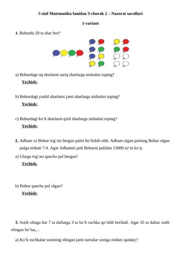 5-sinf Matematika fanidan 3-chorak 2 – Nazorat savollari