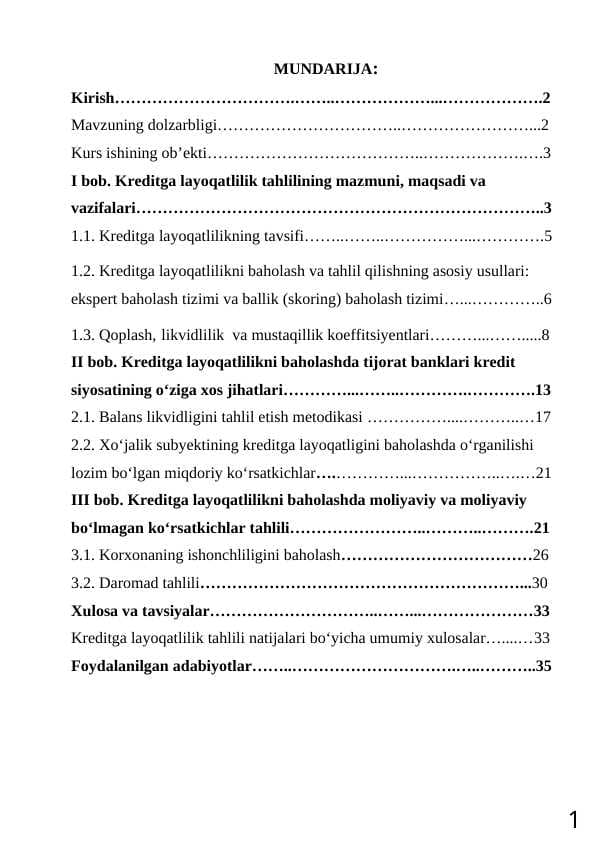 Kreditga layoqatlilik tahlilining mazmuni