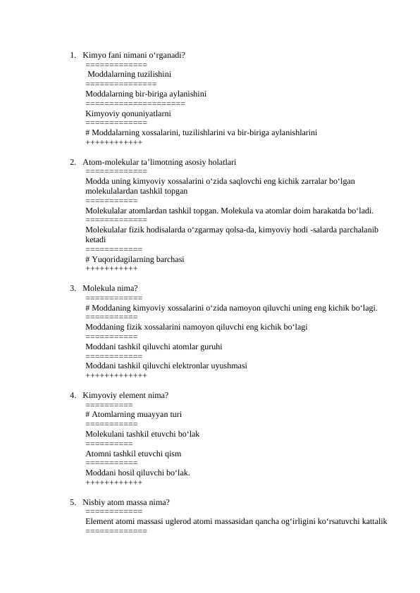 Kimyo testlar