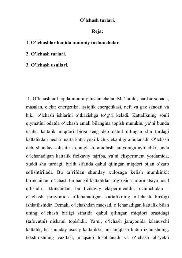 O’lchash turlari. mavzusida mustaqil ish