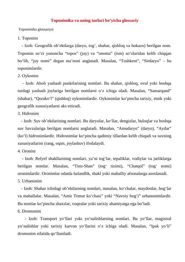 Toponimika va uning turlari bo’yicha glossariy