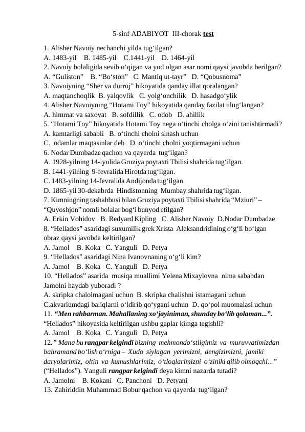 5-sinf YANGI Adabiyot 3-chorak testi
