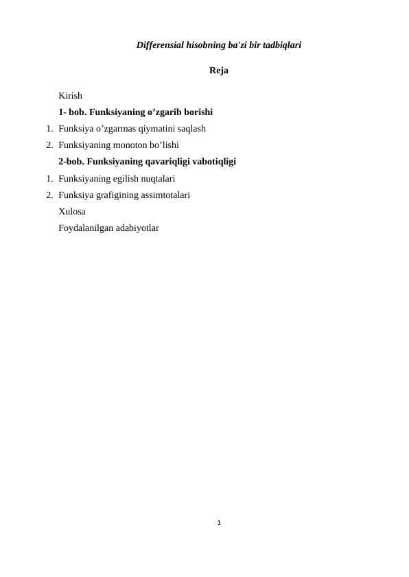 Differensial hisobning ba'zi bir tadbiqlari