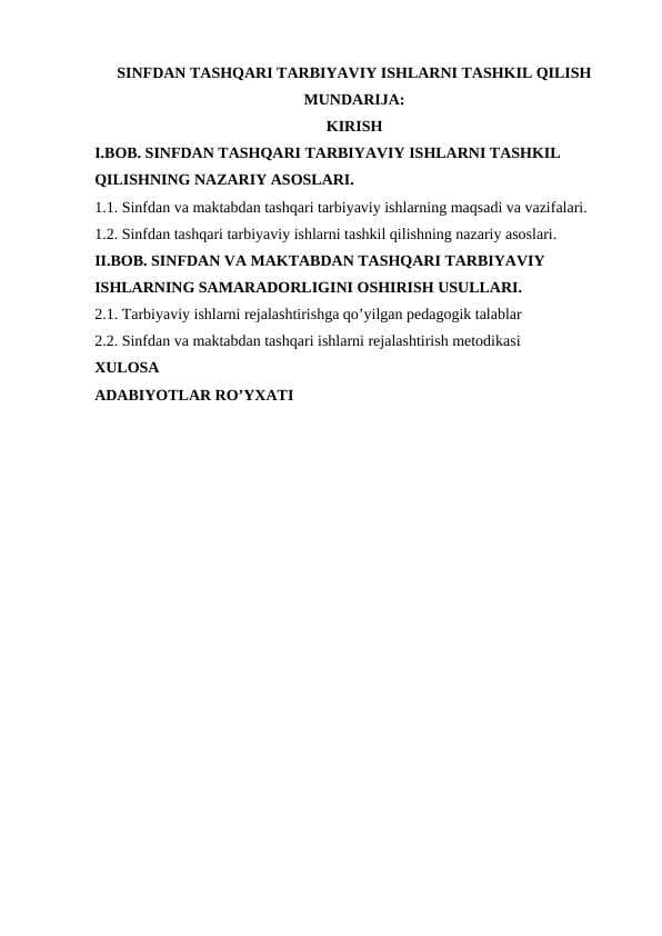 Sinfdan tashqari tarbiyaviy ishlarni tashkil qilish