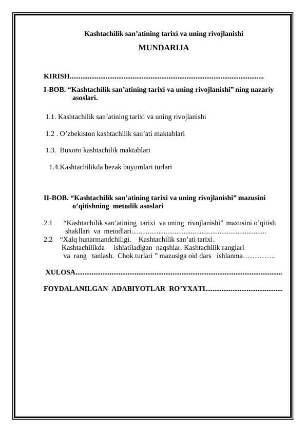 Kashtachilik san’atining tarixi va uning rivojlanishi